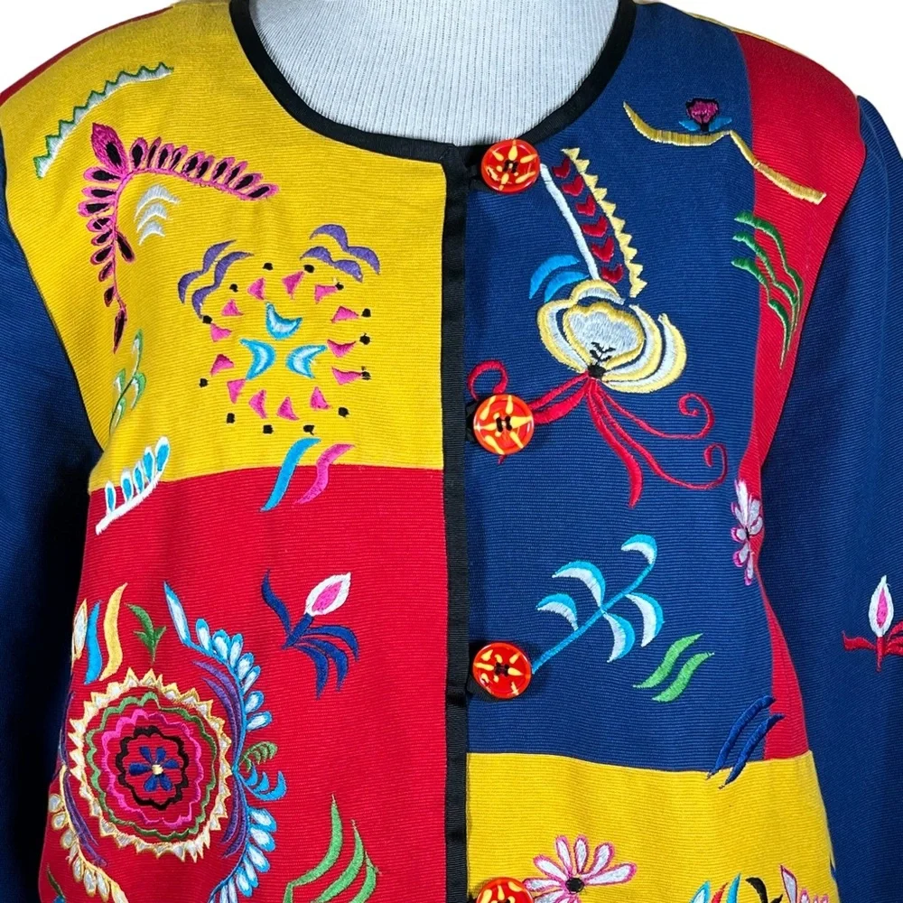 Alex Kim Women’s Cotton Blend Festive Multi-Color Embroidered Jacket PL EUC - Picture 2 of 15